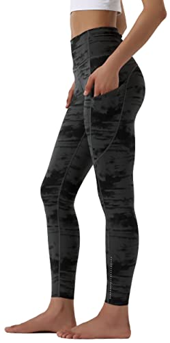 OVRUNS Yoga Pants for Women Tummy Control Gym Leggings with Pockets for Sport Athletic Workout Running - Black Grey Dye- L