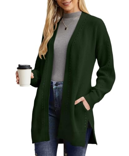 PrinStory Cardigans for Women Long Women's Cardigans Open Front Oversize Knitwear Soft Warm Boyfriend Jumpers Cardigan with Pockets (Deep Green, M)