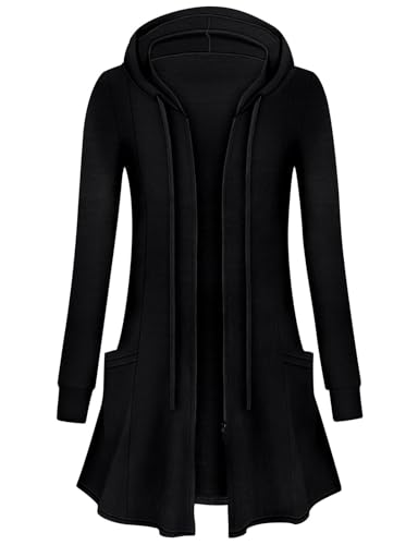Flikity Womens Longline Hoodies, Plus Size Tops Zipper up Knitted Cardigan with Pockets Long Sleeve Tunics Casual Work Blouses Fall Winter Clothes Fashion 2023, Black XL