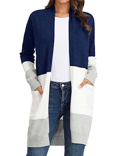 GRACE KARIN Autumn Ladies Long Cardigans Open Front Knitwear Sweater with Pockets Long Sleeve Black & Navy XL