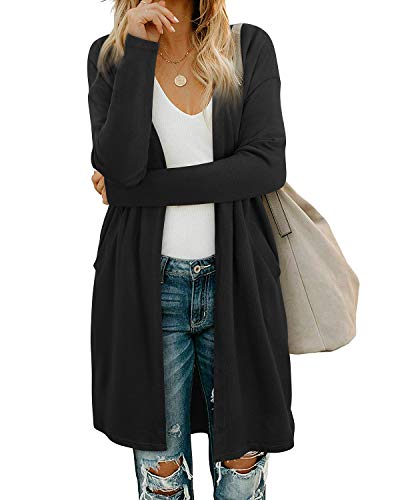 OUGES Women's Open Front Summer Cardigan with Pockets Long Sleeve Casual Lightweight Ladies Coat(Black,L)