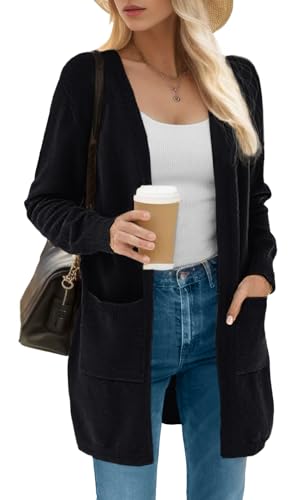 IWOLLENCE Womens Long Knit Cardigans for Women Ladies Long Sleeve Soft Winter Fleece Jumpers Cardigan with Pockets (Black, L)