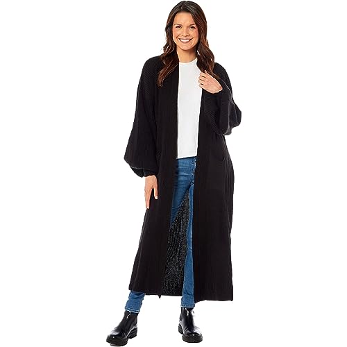 WJL WHISPERING JONES LONDON Ladies Oversized Long Cardigan Balloon Sleeve Chunky Ribbed Open Knitted Maxi Pocket Jumper Sweater, Black, One Size Fits (8-16)