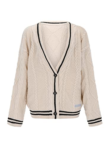 Achlibe Women's Autumn Winter Knit Cardigan Long Sleeve V Neck Star Print Button Down Jumper Knitwear (Beige, M)