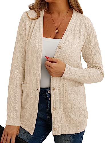GRECERELLE Womens Cardigan Long Sleeve Lightweight Cardigans Button Down V Neck Ribbed Knit Outerwear Open Front Tops with Pocket for Ladies (Apricot, L)