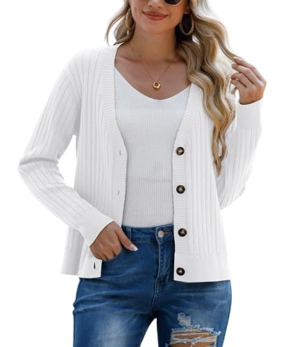 PrinStory Women's Cardigans Soft Open Front Sweater Ribbied Knit Button Down Cardigans Long Sleeve Top Knitted Outwear (White, XL)