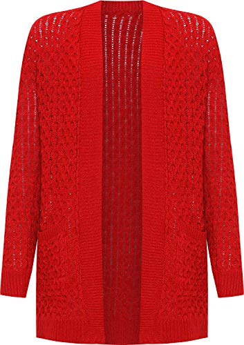 WearAll Women's Plus Cable Knitted Open Pocket Cardigan Chunky Long Sleeve Grandad - Red - 16-18