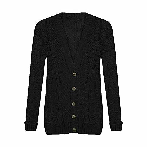LUXE DIVA New Womens Everyday Long Sleeve Button Top Ladies Chunky Aran Cable Knit Grandad Cardigan UK Size 8-26 Black