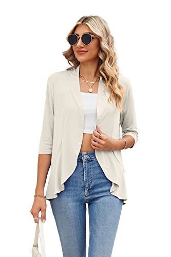 Famulily Cardigans for Women, 3/4 Sleeves Casual Lightweight Soft Open Cardigan for Summer (L, Beige)