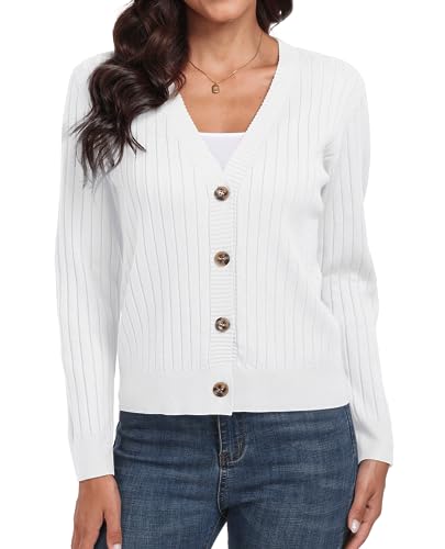 PrinStory Women's Cardigans Soft Open Front Sweater Ribbied Knit Button Down Cardigans Long Sleeve Top Knitted Outwear (White, XL)