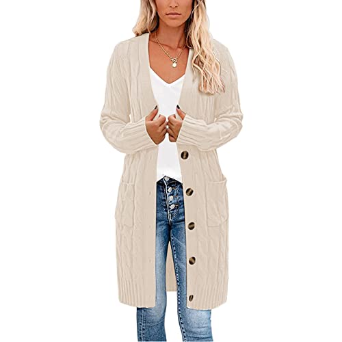 kinstell Ladies Long Sleeve Button Top Chunky Aran Cable Knitted Long Length Boyfriend Grandad Cardigan UK White