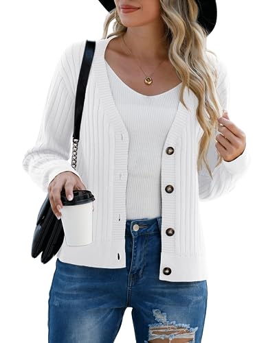 PrinStory Women's Cardigans Soft Open Front Sweater Ribbied Knit Button Down Cardigans Long Sleeve Top Knitted Outwear (White, XL)