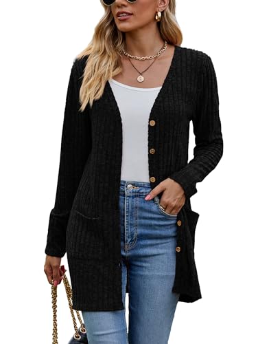 Famulily Solid Color Black Long Cardigan for Women UK, Ribbed Knit Lightweight Outerwear Sweater with Pockets (L, Black)