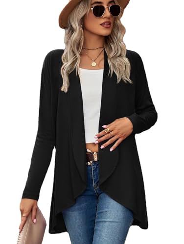 Famulily Cardigans for Women, Casual Knitted Open Front Full Sleeve Mid Length Lightweight Cardigan Top (L, Black)