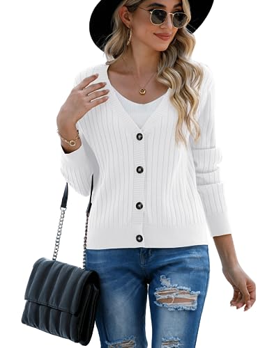 PrinStory Women's Cardigans Soft Open Front Sweater Ribbied Knit Button Down Cardigans Long Sleeve Top Knitted Outwear (White, XL)