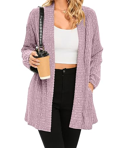 iChunhua Womens Lightweight Open Front Coat Knit Loose Cardigan Sweater Long Sleeve with Pockets Pink Medium