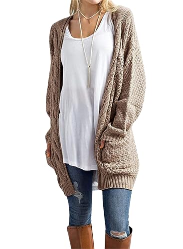 GRECERELLE Women's Long Cardigans Chunky Knit Boyfriend Jumpers Cardigan with Pockets Ladies Loose Long Sleeve Knitwear Oversized Sweater Cardigan for Autumn Winter Spring - Khaki