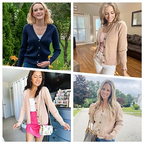 PrinStory Women's Cardigans Soft Open Front Sweater Ribbied Knit Button Down Cardigans Long Sleeve Top Knitted Outwear (White, XL)