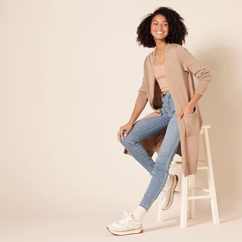 Amazon Essentials Women's Lightweight Longer Length Cardigan Jumper (Available in Plus Size), Camel Heather, M