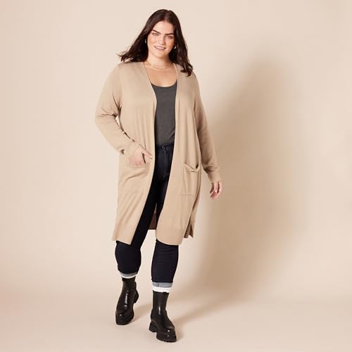 Amazon Essentials Women's Lightweight Longer Length Cardigan Jumper (Available in Plus Size), Camel Heather, M