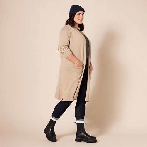 Amazon Essentials Women's Lightweight Longer Length Cardigan Jumper (Available in Plus Size), Camel Heather, M