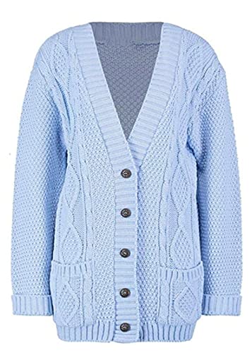 LUXFAB New Womens Everyday Long Sleeve Button Top Ladies Chunky Aran Cable Knit Grandad Cardigan UK Size 8-26 Sky Blue