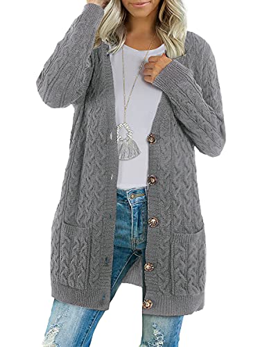 BMJL Women's Chunky Knit Long Aran Cardigan with 2 Pockets Loose Knitwear Oversized Sweater Grey