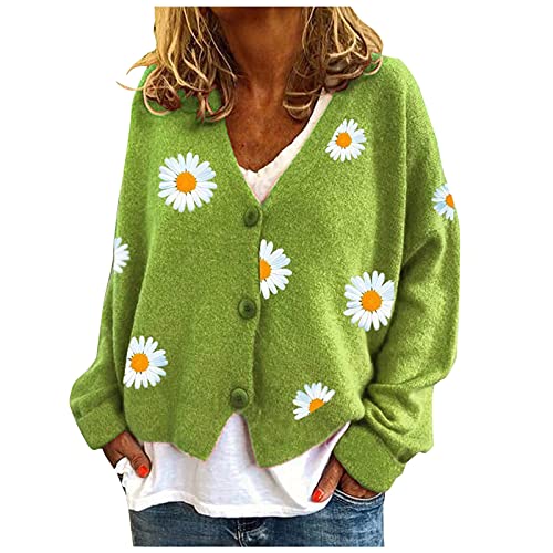 HULKAY Women's Floral Print Long Sleeve V-Neck Sweaters Button Down Ribbed Cuffs Knit Cropped Cardigan Sweater(Green,M)
