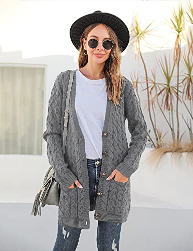 BMJL Women's Chunky Knit Long Aran Cardigan with 2 Pockets Loose Knitwear Oversized Sweater Grey