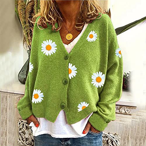 HULKAY Women's Floral Print Long Sleeve V-Neck Sweaters Button Down Ribbed Cuffs Knit Cropped Cardigan Sweater(Green,M)