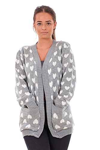 Bay eCom UK New Ladies Heart Knitted Cardigan Pockets Long Sleeve Regular Big Sizes S to 3XL Grey