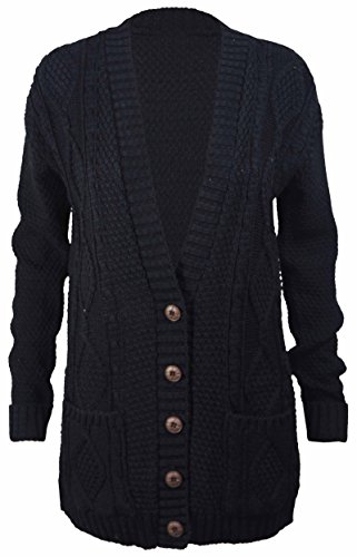 Purple Hanger New Womens Everyday Long Sleeve Button Top Ladies Chunky Aran Cable Knit Grandad Cardigan (16-18 XL, Black)