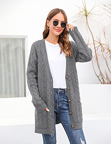 BMJL Women's Chunky Knit Long Aran Cardigan with 2 Pockets Loose Knitwear Oversized Sweater Grey