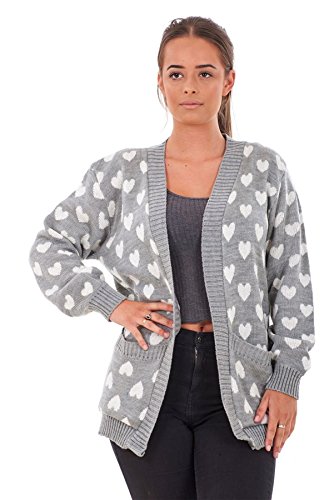 Bay eCom UK New Ladies Heart Knitted Cardigan Pockets Long Sleeve Regular Big Sizes S to 3XL Grey