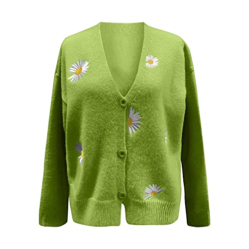 HULKAY Women's Floral Print Long Sleeve V-Neck Sweaters Button Down Ribbed Cuffs Knit Cropped Cardigan Sweater(Green,M)