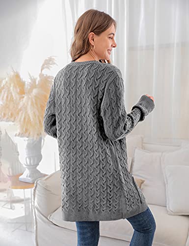 BMJL Women's Chunky Knit Long Aran Cardigan with 2 Pockets Loose Knitwear Oversized Sweater Grey