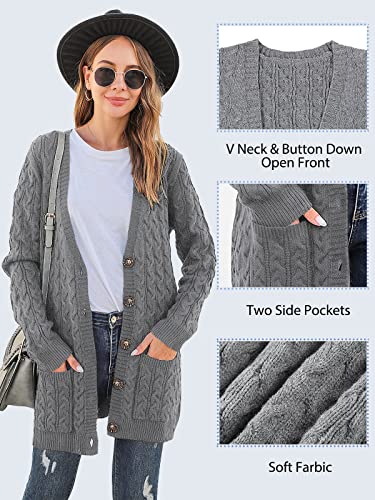 BMJL Women's Chunky Knit Long Aran Cardigan with 2 Pockets Loose Knitwear Oversized Sweater Grey