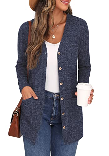 GRECERELLE Womens Cardigan Long Sleeve Open Front Cardigans Button Down V Neck Ribbed Knit Lightweight Outerwear with Pocket (Navy Blue, L)