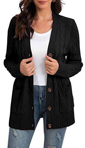 GRECERELLE Women's Knit Long Cardigans Jumpers Cardigan with Pockets with Buttons Ladies Loose Long Sleeve Knitwear Oversized Sweater Cardigan for Autumn Winter Spring (Black, M)