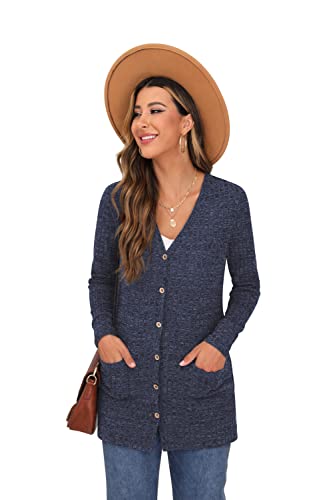 GRECERELLE Womens Cardigan Long Sleeve Open Front Cardigans Button Down V Neck Ribbed Knit Lightweight Outerwear with Pocket (Navy Blue, L)