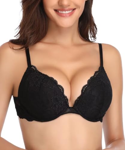 Deyllo Women's Push Up Lace Bra Sexy Deep V Lift Up Bra Underwire Padded Comfort Everyday Bra Black