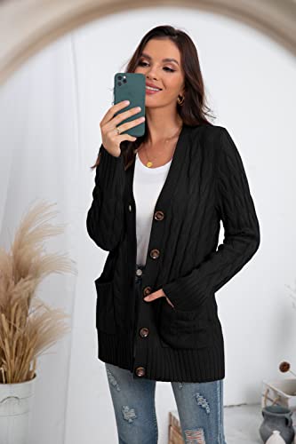 GRECERELLE Women's Knit Long Cardigans Jumpers Cardigan with Pockets with Buttons Ladies Loose Long Sleeve Knitwear Oversized Sweater Cardigan for Autumn Winter Spring (Black, M)
