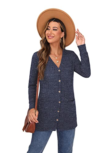 GRECERELLE Womens Cardigan Long Sleeve Open Front Cardigans Button Down V Neck Ribbed Knit Lightweight Outerwear with Pocket (Navy Blue, L)