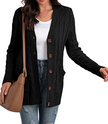 GRECERELLE Women's Knit Long Cardigans Jumpers Cardigan with Pockets with Buttons Ladies Loose Long Sleeve Knitwear Oversized Sweater Cardigan for Autumn Winter Spring (Black, M)