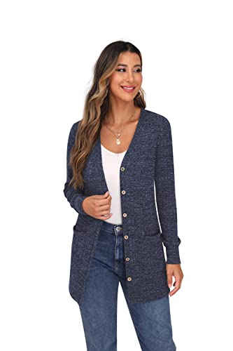 GRECERELLE Womens Cardigan Long Sleeve Open Front Cardigans Button Down V Neck Ribbed Knit Lightweight Outerwear with Pocket (Navy Blue, L)