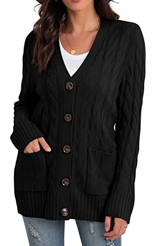 GRECERELLE Women's Knit Long Cardigans Jumpers Cardigan with Pockets with Buttons Ladies Loose Long Sleeve Knitwear Oversized Sweater Cardigan for Autumn Winter Spring (Black, M)