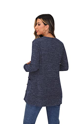 GRECERELLE Womens Cardigan Long Sleeve Open Front Cardigans Button Down V Neck Ribbed Knit Lightweight Outerwear with Pocket (Navy Blue, L)