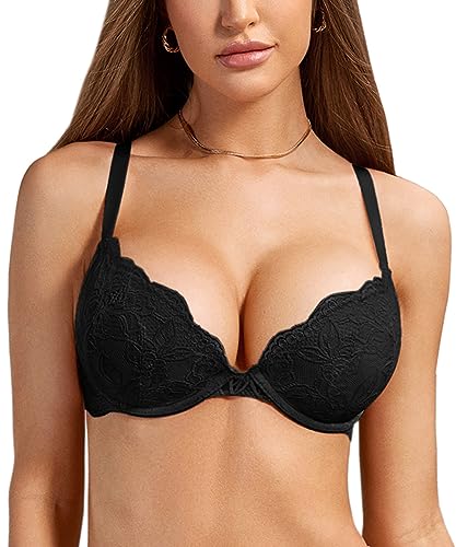 DOBREVA Women's Push Up Lace Bra Sexy Plunge Padded Underwire Support Bras Lift Up Black 40B