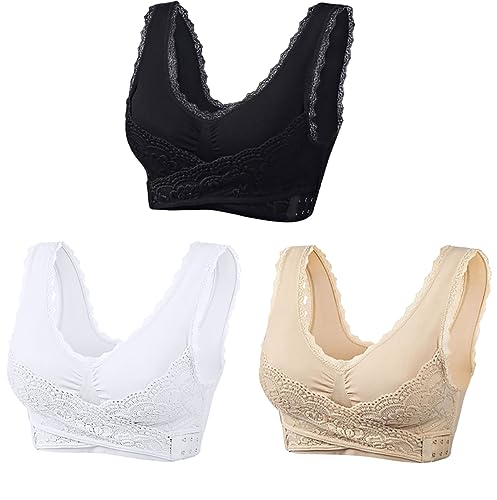 AMhomely 3PC Bras for Older Women, Comfy Corset Bra Front Cross Side Buckle Lace Bras, XL, 016 Black + Beige + White