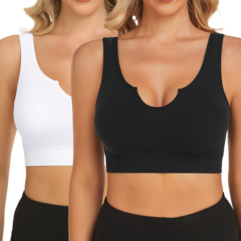 SIMIYA Comfort Sport Bra Crop Top Bras Removable Cups Seamless Bra Sexy Notch Neckline Bralette for Women Workout Yoga(M, Black+White)